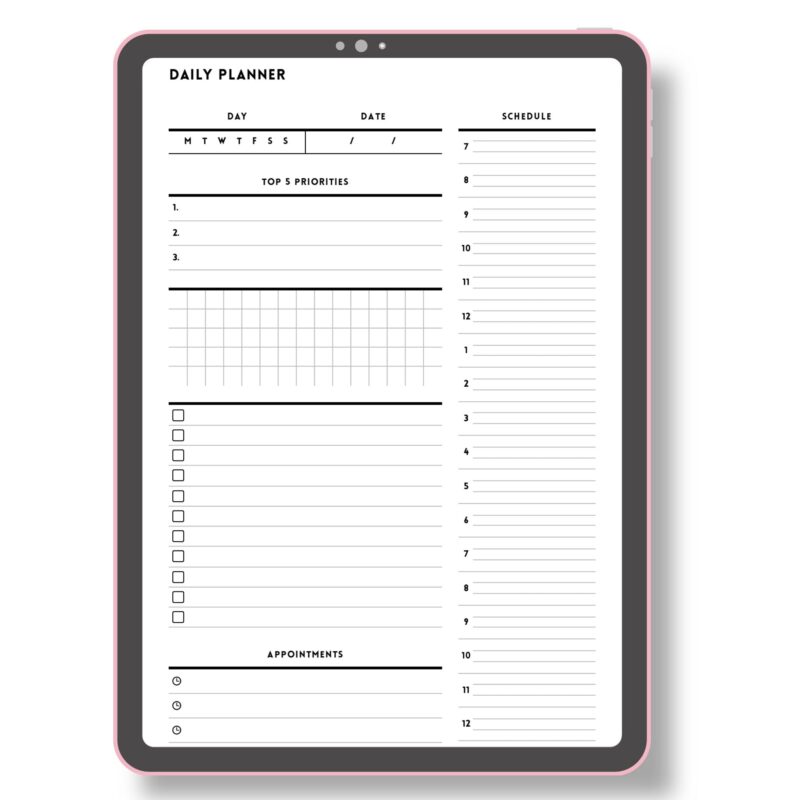 Digital mock-up of the A5 Minimalist Daily Planner PDF.