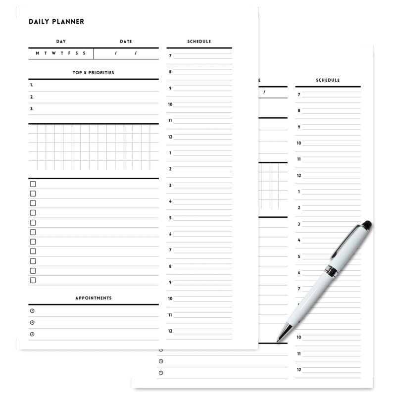 A5 Minimalist Daily Planner page showing schedule and tasks.