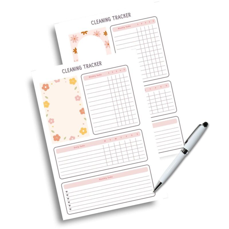 Different sizes of the Cleaning Tracker (A4, A5, US Letter, Half Letter).