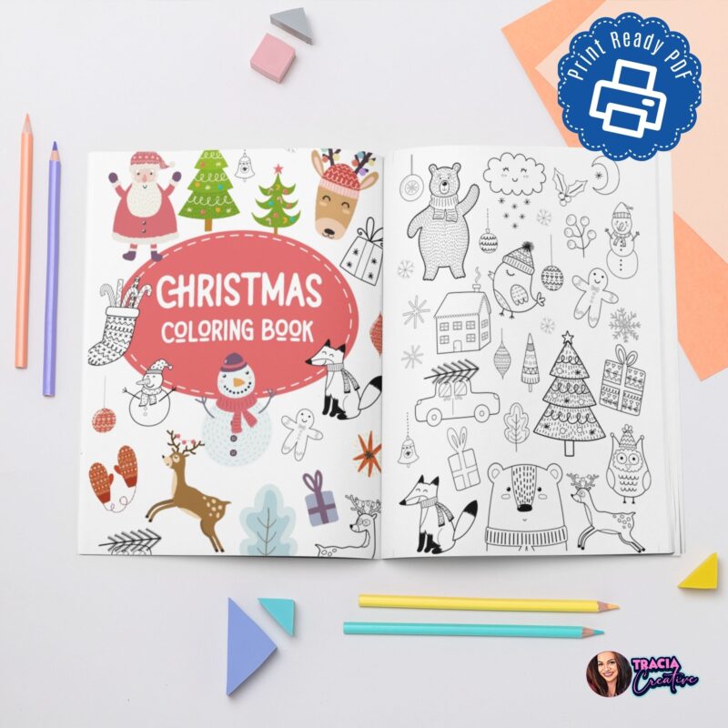 Christmas Coloring Book cover showcasing festive designs.