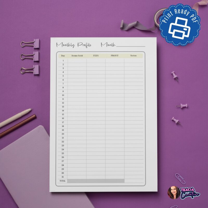 Business Monthly Profits Planner Insert A5 for tracking income