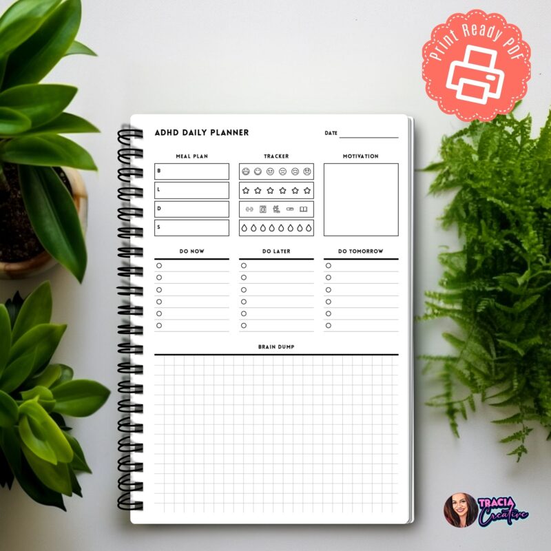 ADHD daily planner printable on a desk with coffee