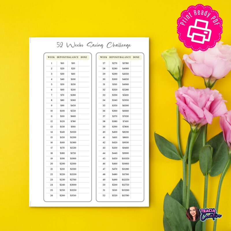 52-week savings challenge printable in planner