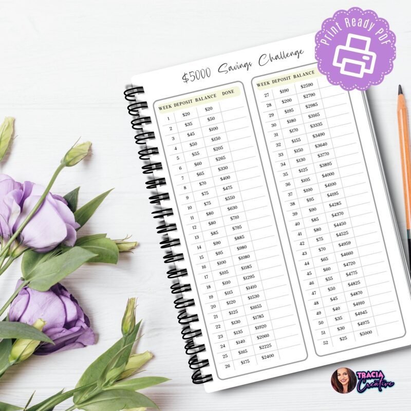 Minimalist $5000 savings challenge tracker printable