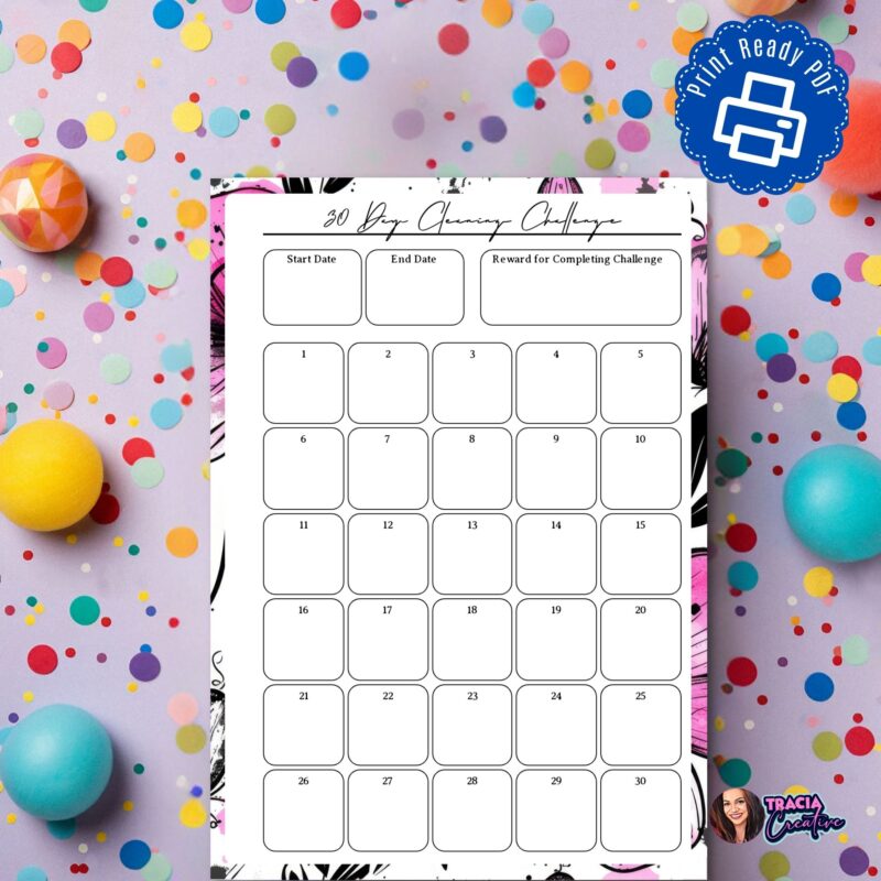 30 day cleaning challenge printable with pink floral design