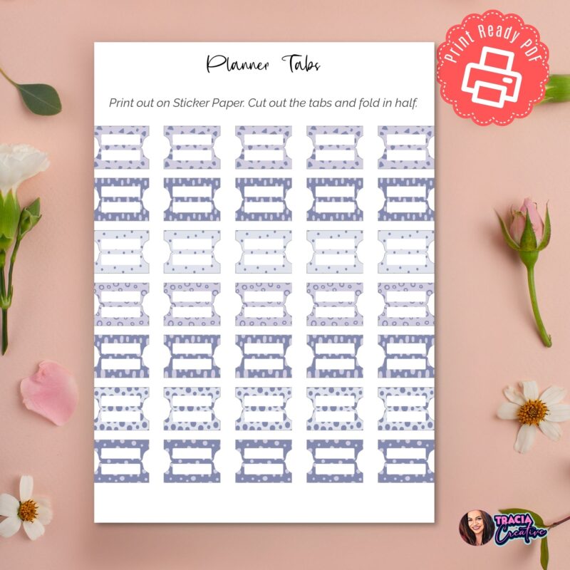 Close-up of a printable planner tabs on a planner page