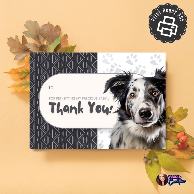 Printable pet sitter thank you card with colorful paw print design