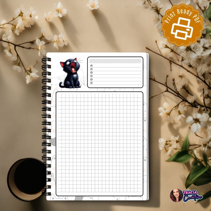 Black cat printable notebook pages in A5 planner