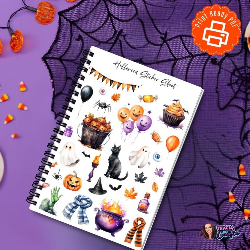 Printable Halloween sticker sheet with 60 spooky designs for planners and journals