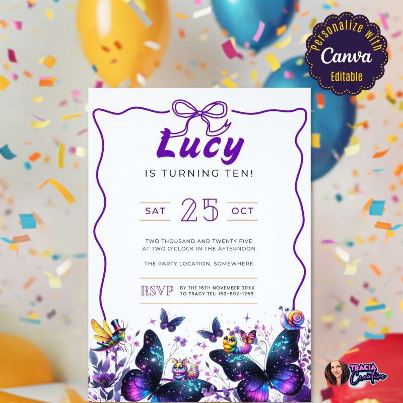 Purple butterfly birthday invitation on party table