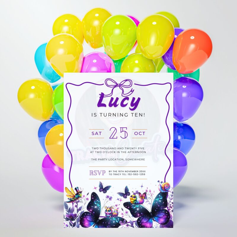 Purple butterfly birthday invitation on party table