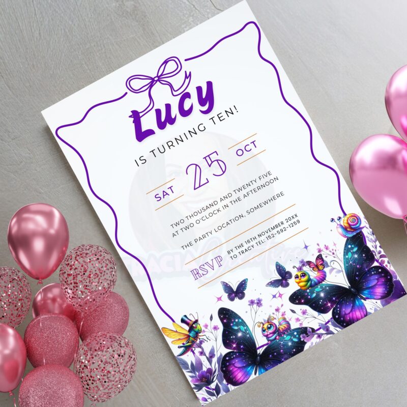 Purple butterfly birthday invitation on party table