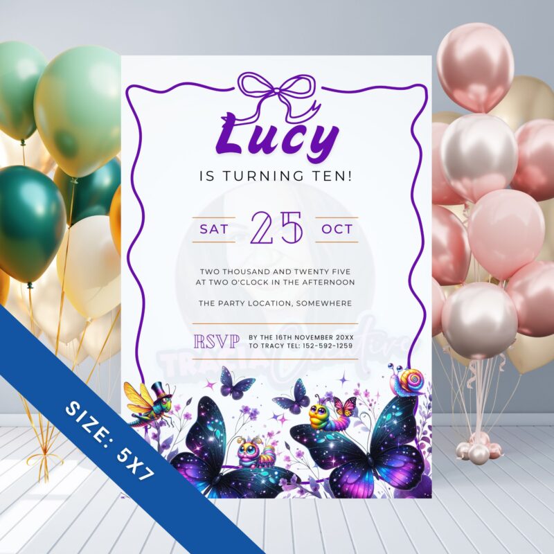 Purple butterfly birthday invitation on party table