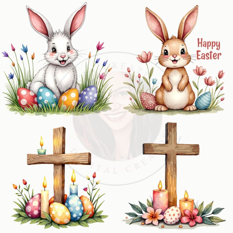 Watercolor Easter clipart bunny clipart on pastel background