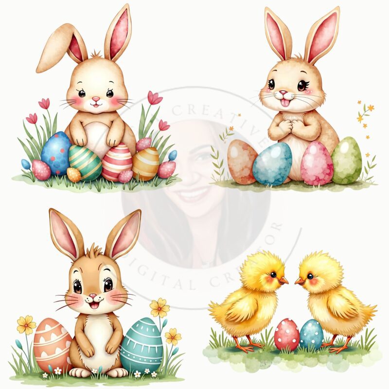 Watercolor Easter clipart bunny clipart on pastel background