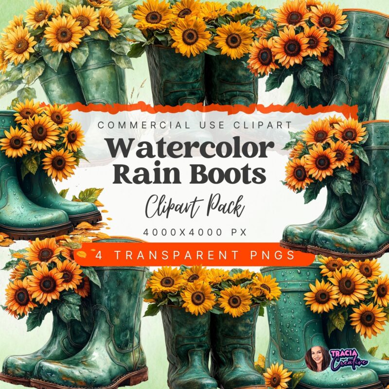 Watercolor Wellington rain boots clipart on a mockup invitation