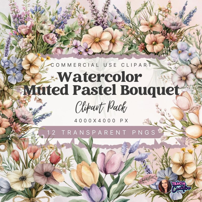 Muted pastel watercolor bouquet clipart on wedding invite mockup