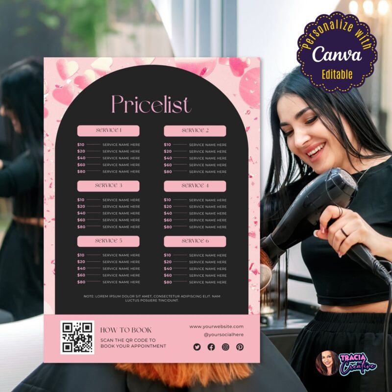 Pink and black salon price list template