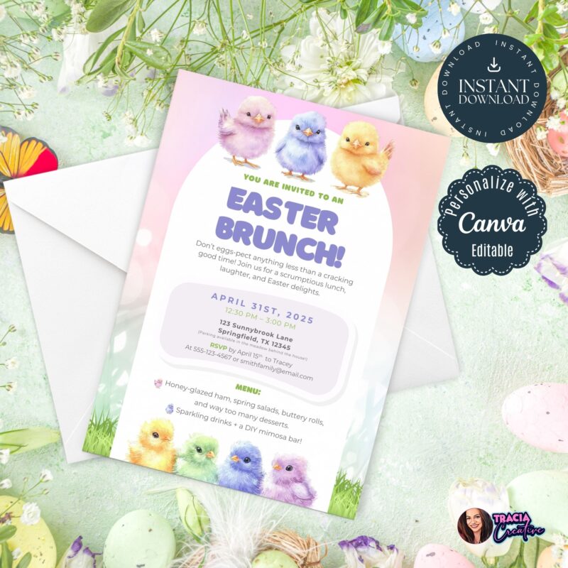 Easter brunch invitation template with pastel chicks design