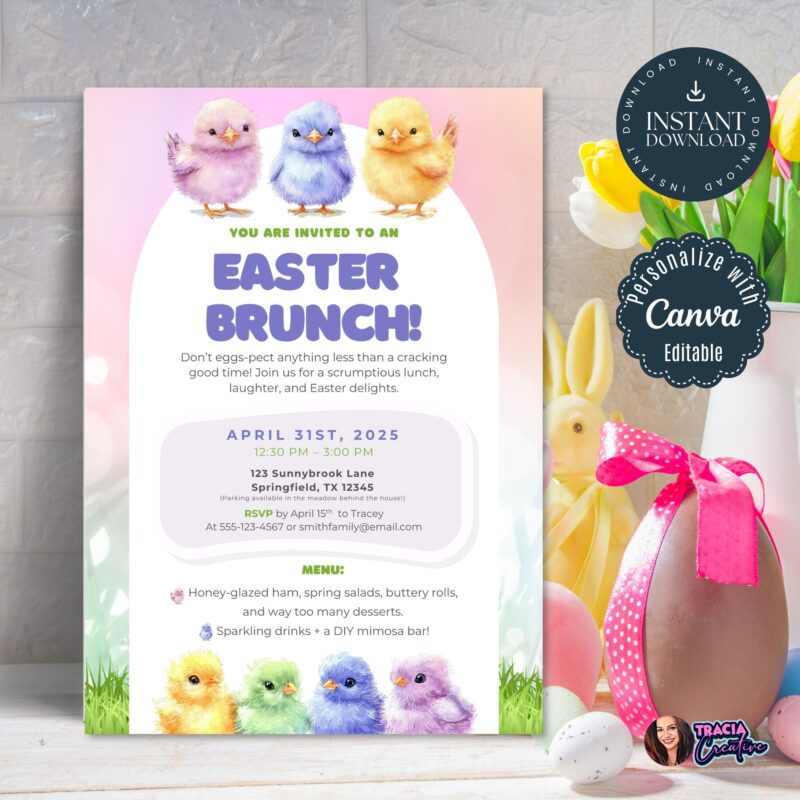 Easter brunch invitation template with pastel chicks design