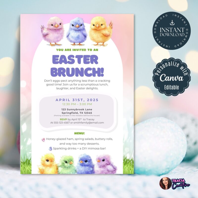 Easter brunch invitation template with pastel chicks design