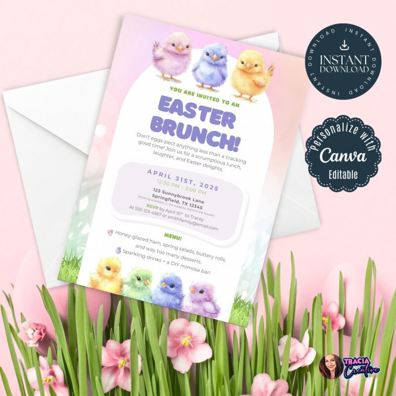 Easter brunch invitation template with pastel chicks design