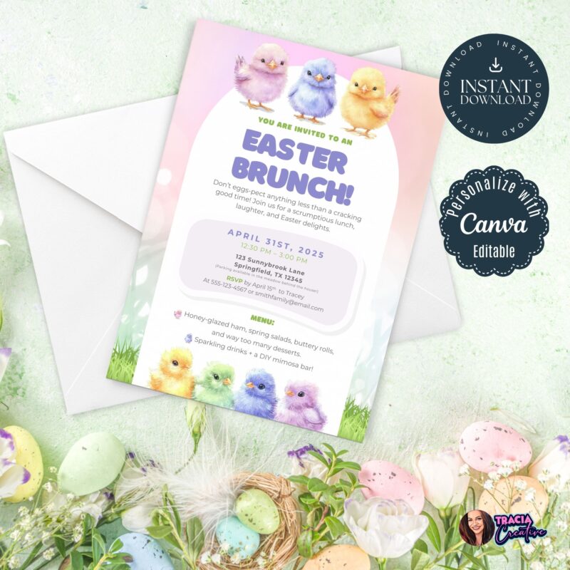 Easter brunch invitation template with pastel chicks design