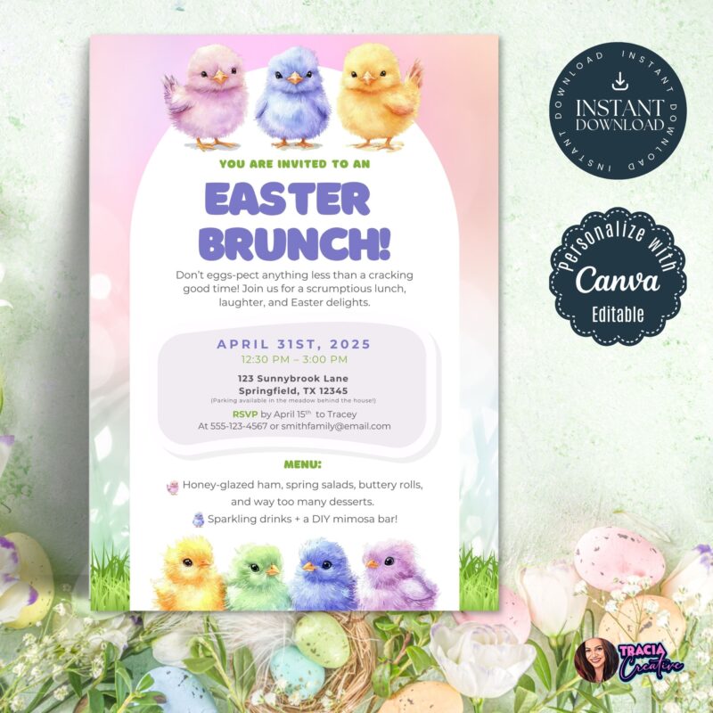 Easter brunch invitation template with pastel chicks design