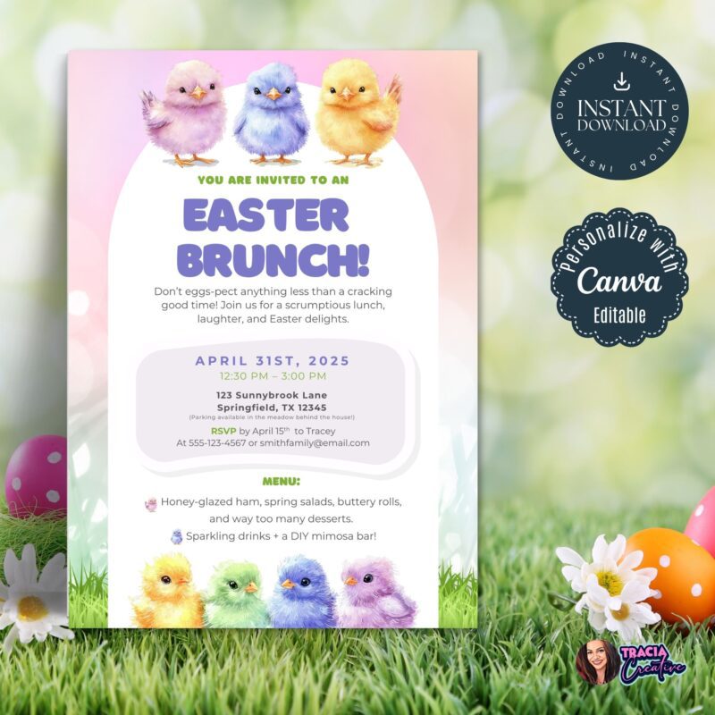 Easter brunch invitation template with pastel chicks design