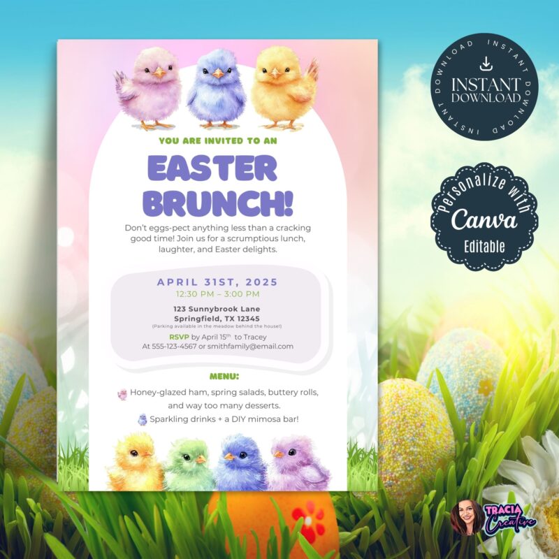 Easter brunch invitation template with pastel chicks design