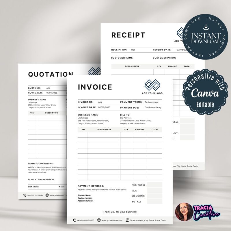 Minimalist Business Accounting Form Bundle – Editable Receipt Template Canva