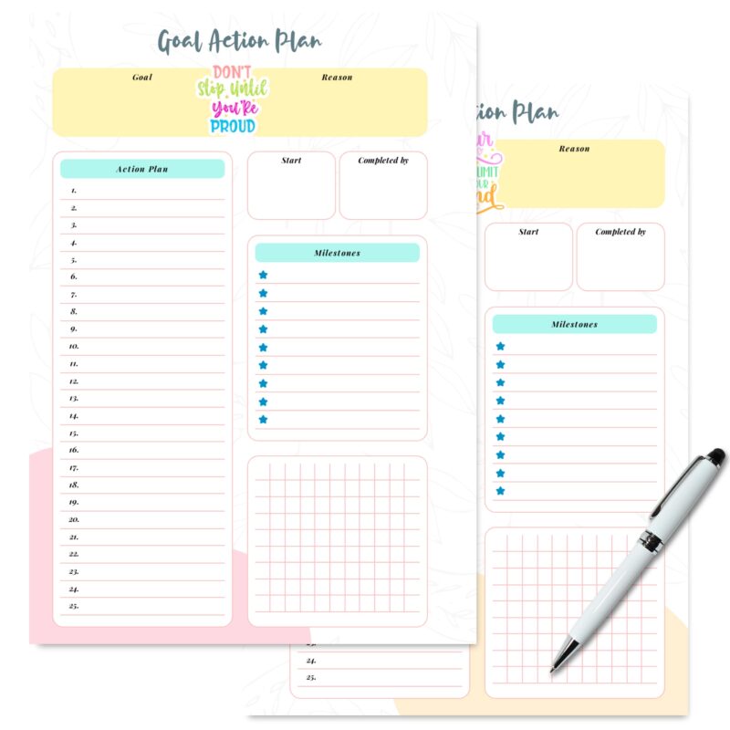 Open Colorful Goal Action Plan with written actionable steps.