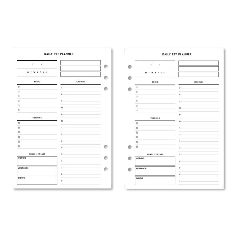 Minimalist Daily Pet Planner pages laid out next to a pen, ideal for organized pet care.