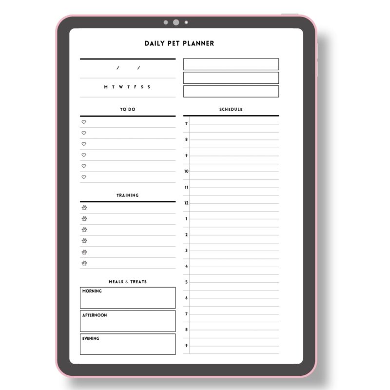 Two-page spread of the A5 Daily Pet Planner showcasing daily pet care tracking and notes.