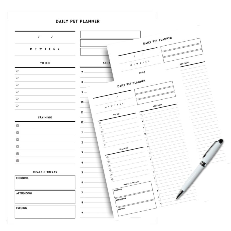 Close-up of a digital Daily Pet Planner PDF with sections for meals and training, perfect for pet owners.