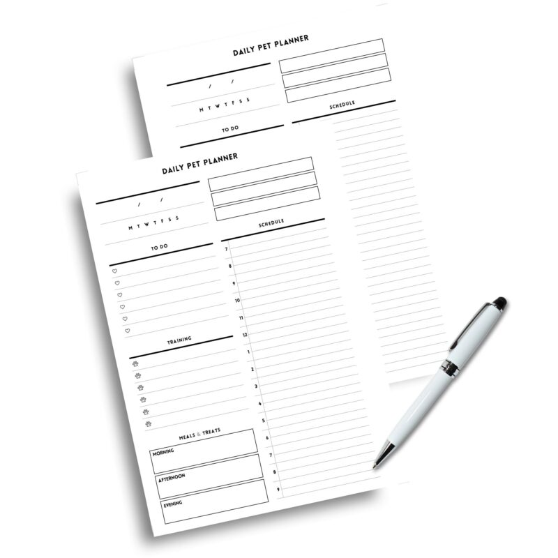 Close-up of a digital Daily Pet Planner PDF with sections for meals and training, perfect for pet owners.