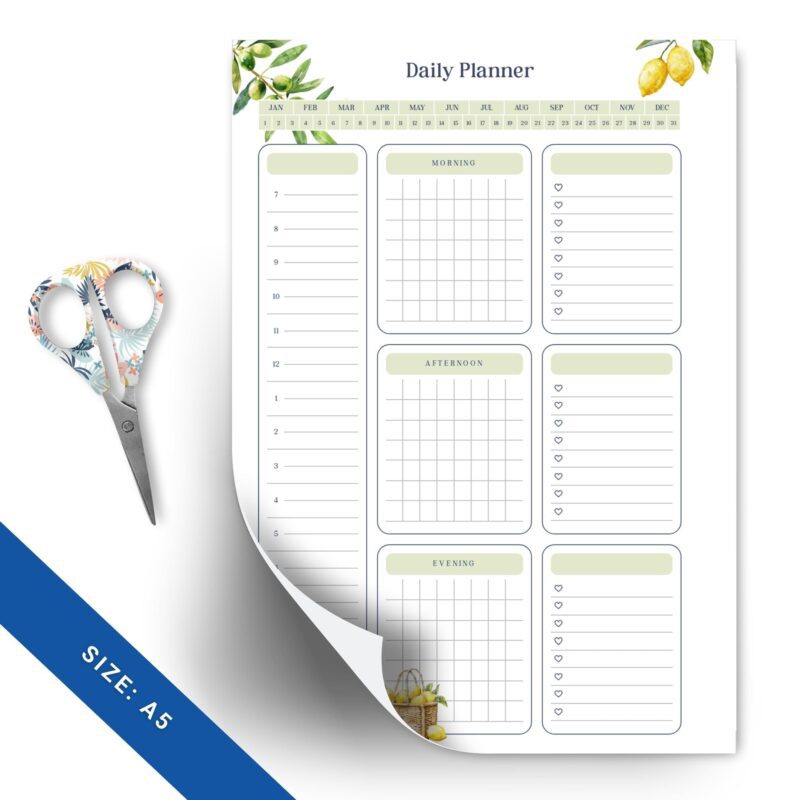 A5 Daily Planner printable insert with a bright lemon theme, showing sections for to-dos and schedule.