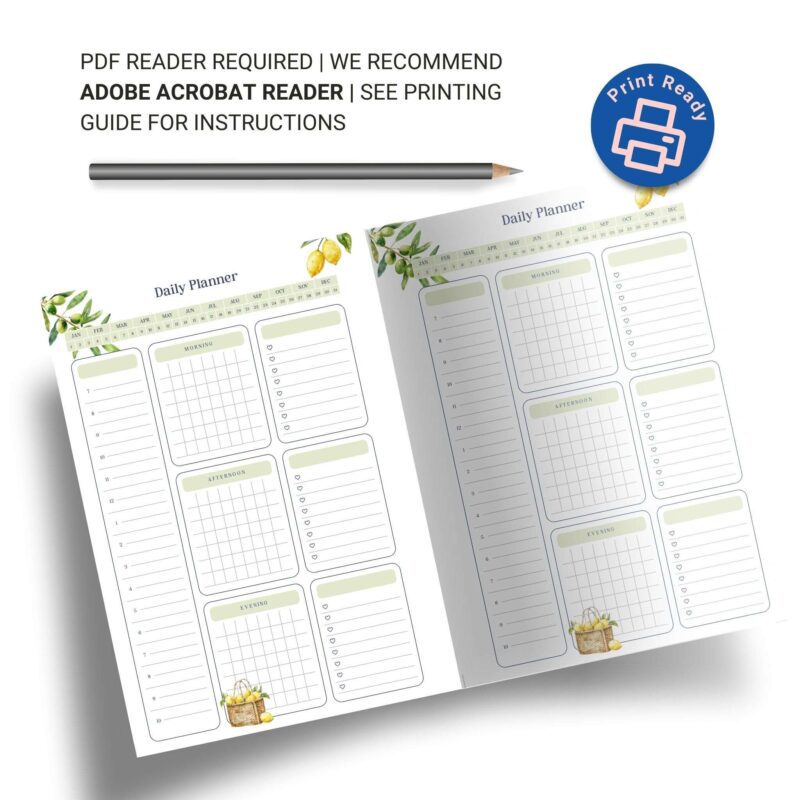 Minimalist A5 Daily Planner pages with lemon illustrations, laid out for a vibrant planning routine.