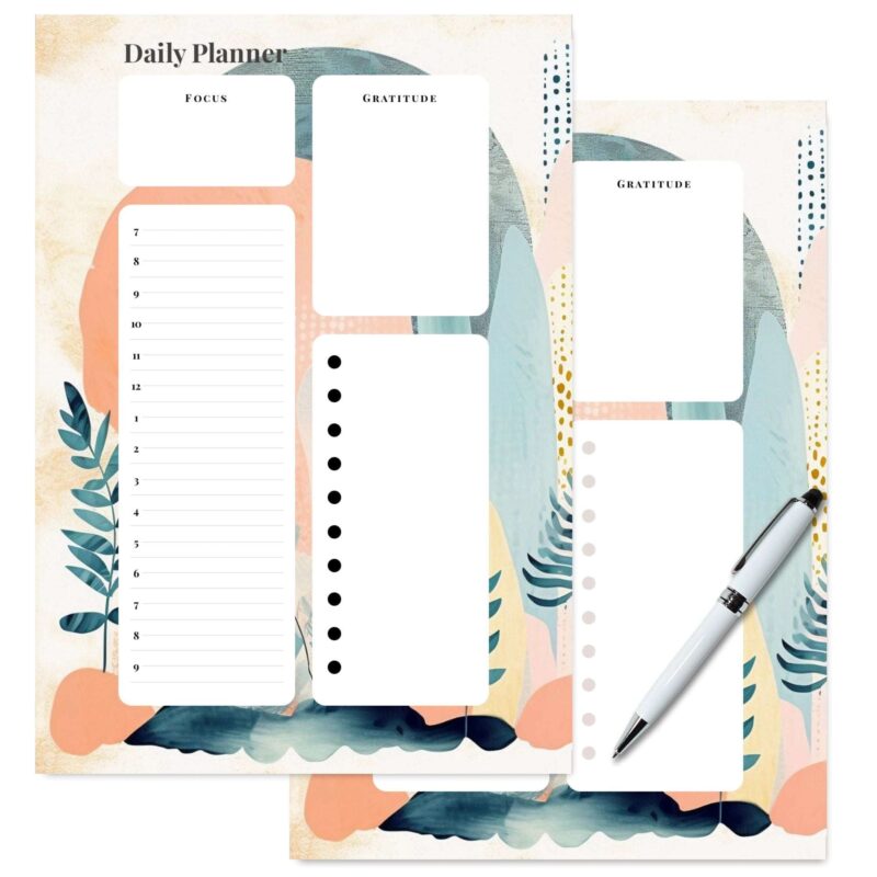Two-page spread of the Boho Abstract A5 Daily Planner, showcasing dedicated spaces for schedule and to-dos.