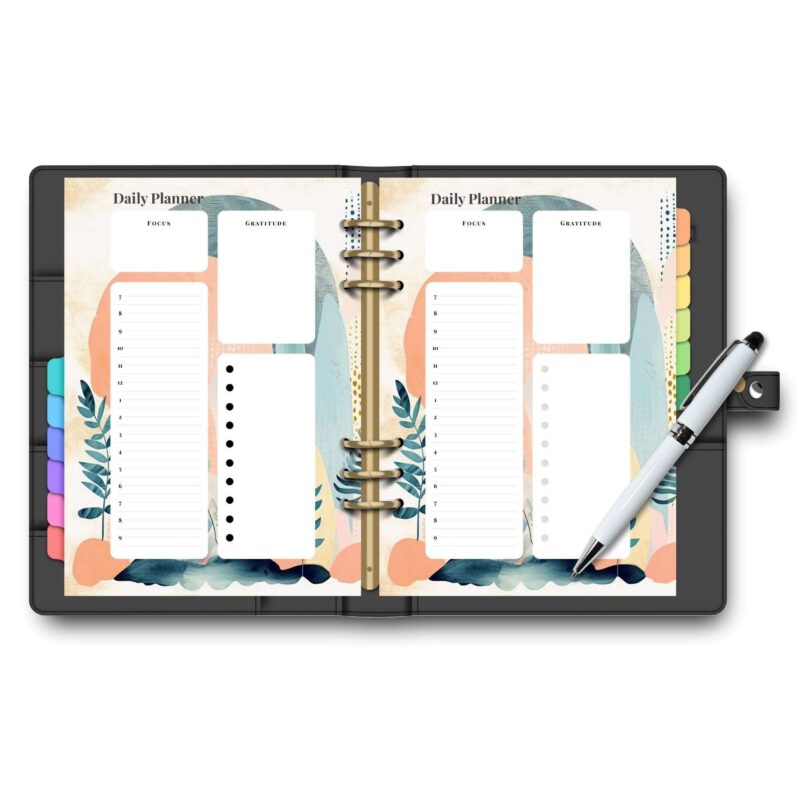 Minimalist A5 Daily Planner pages with an abstract design, laid out for inspiring daily planning.