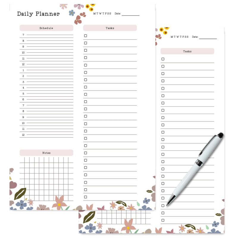 A5 Floral Daily Planner printable with a calming garden theme, showing sections for schedule and tasks.