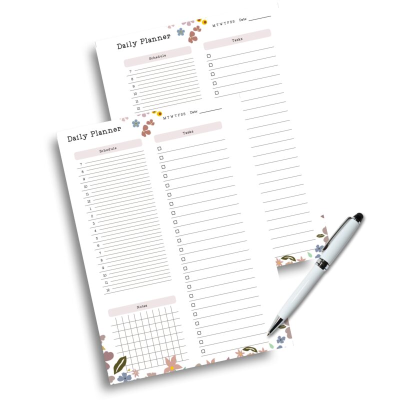 Close-up of a digital Floral Daily Planner PDF, highlighting its serene tranquil design and daily note-taking area.