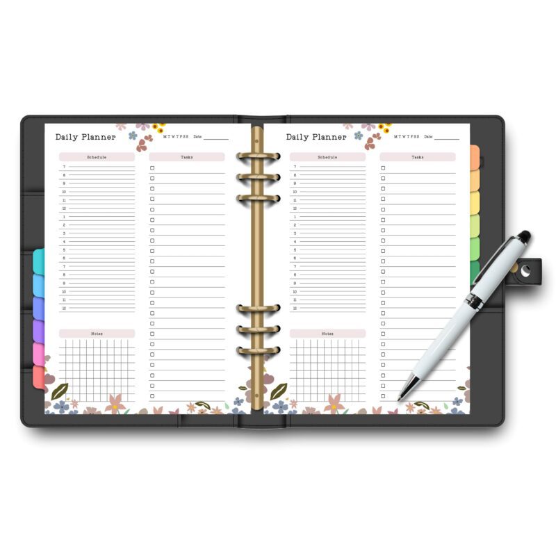 Close-up of a digital Floral Daily Planner PDF, highlighting its serene tranquil design and daily note-taking area.