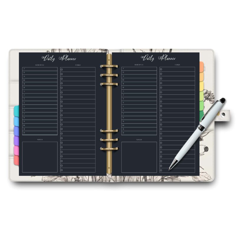 Minimalist productivity planner with dark mode design