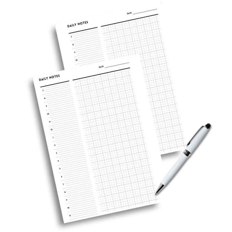 Stack of printed A5 Minimalist Daily Planners with a minimalist aesthetic.