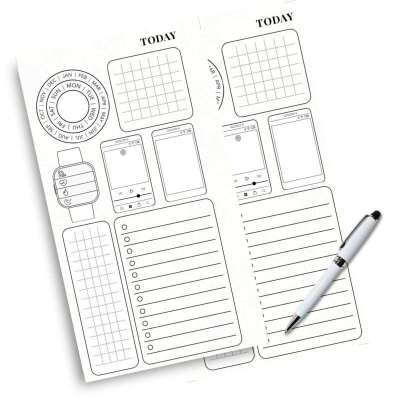 Overview of the two pages per day design of the Daily Planner with Date Tracker.