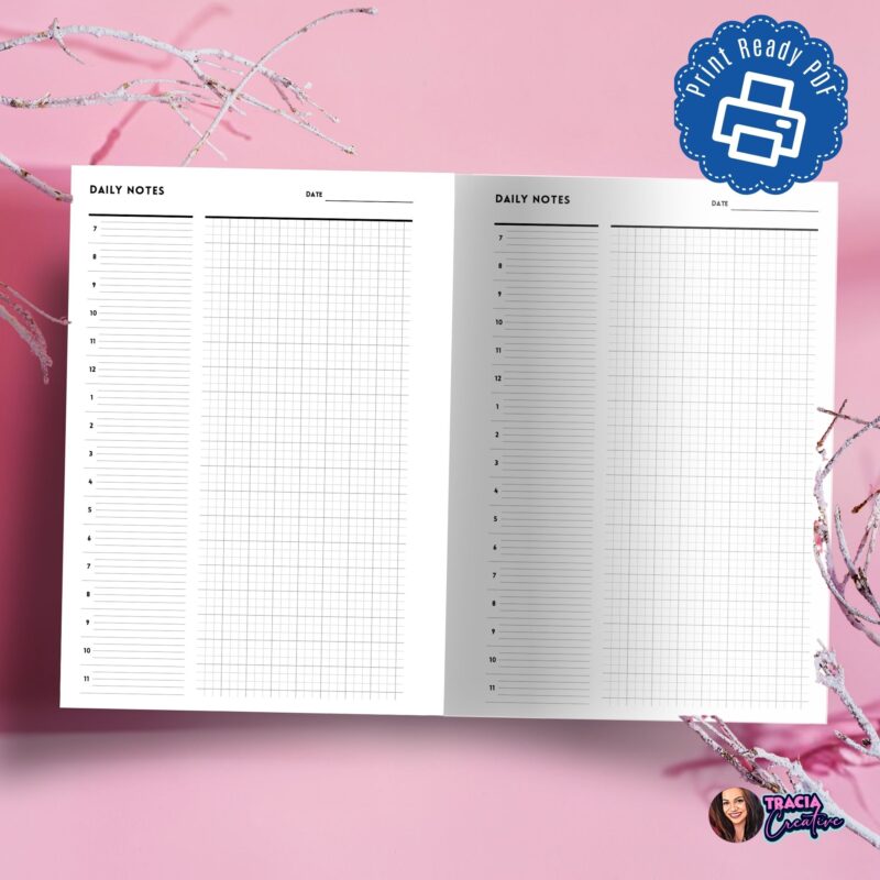A5 Minimalist Daily Planner opened to a blank schedule and notes page.