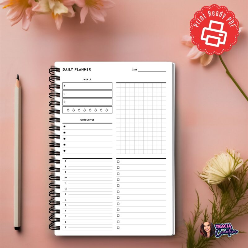 A5 minimalist daily planner insert showing meal planning section.
