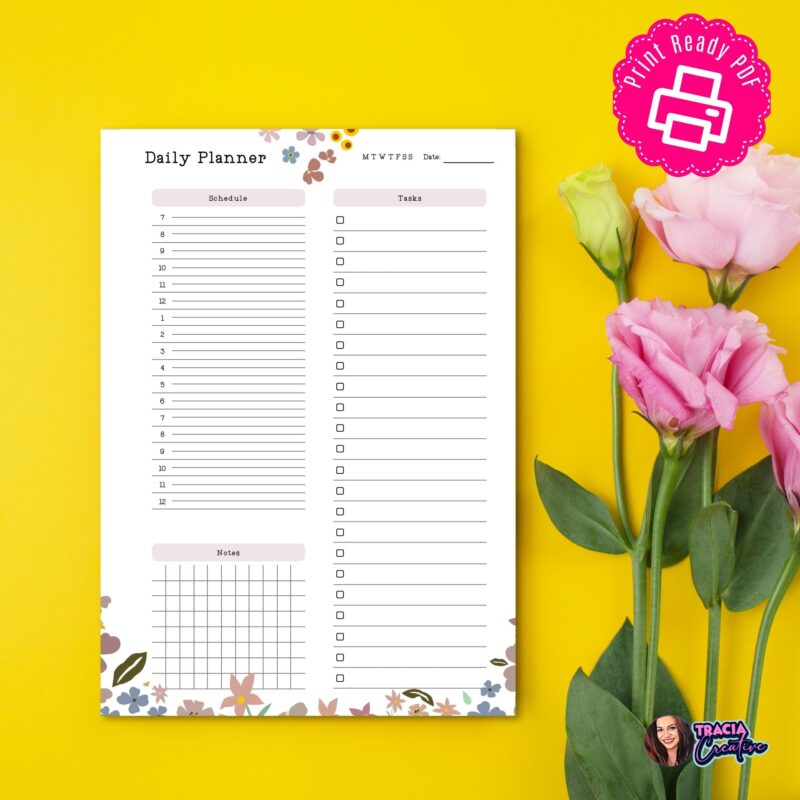 A5 Floral Daily Planner printable with a calming garden theme, showing sections for schedule and tasks.