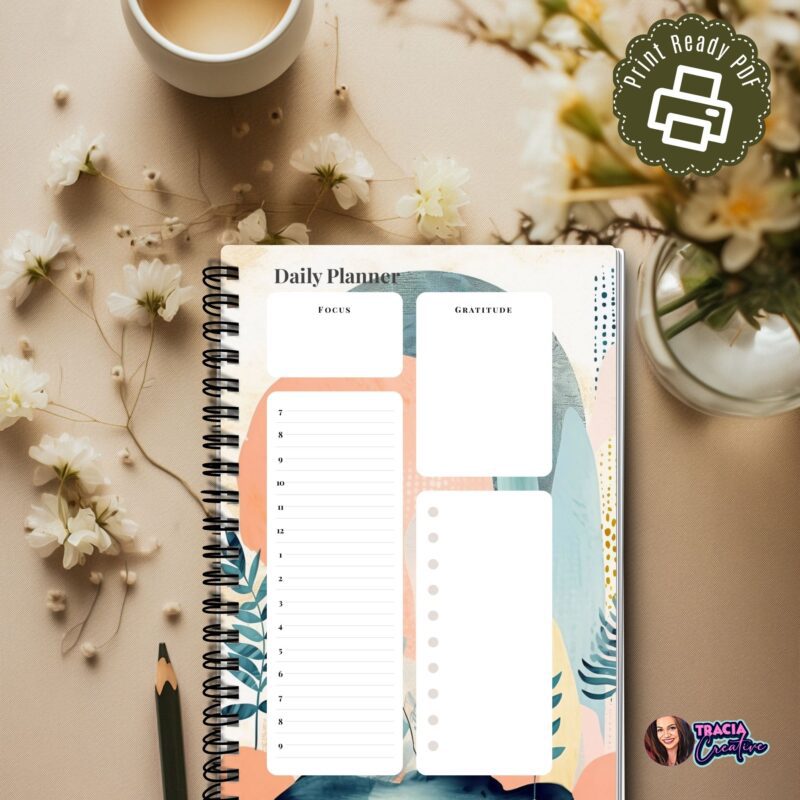 A5 Daily Planner printable insert with a stunning boho abstract design, showing sections for focus and gratitude.